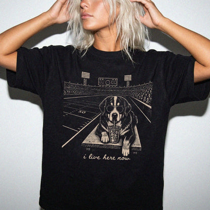 Model wearing a Black Comfort Colors® T-shirt featuring Bernese Mountain Dog ready for football and tailgate season