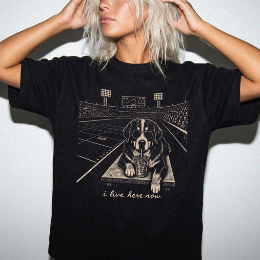 Model wearing a Black Comfort Colors® T-shirt featuring Bernese Mountain Dog ready for football and tailgate season