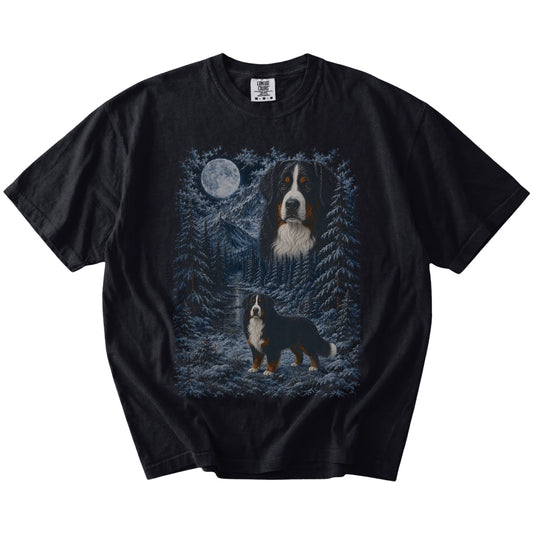 Bernese Mountain Dog in a snowy winter forest on a Black t-shirt