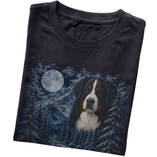 Bernese Mountain Dog Forest Moon T-Shirt in Black