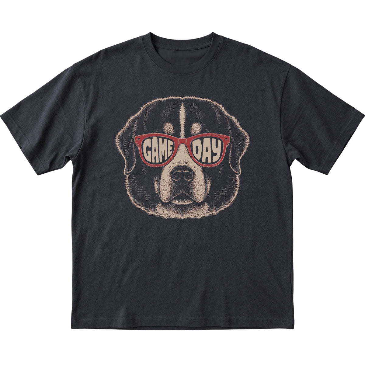 Black Bernese Mountain Dog Game Day Sunglasses T-shirt, laid flat