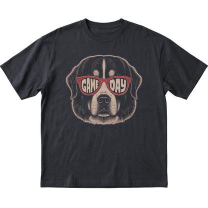 Black Bernese Mountain Dog Game Day Sunglasses T-shirt, laid flat