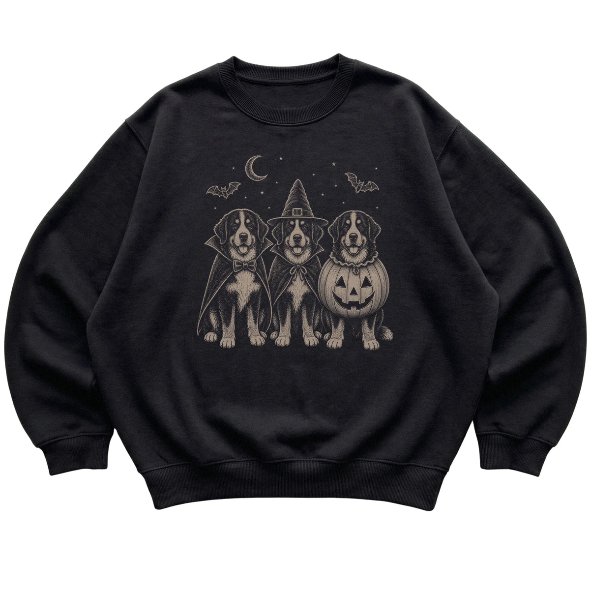 Black Bernese Mountain Dog Halloween Costume sweatshirt, flat view