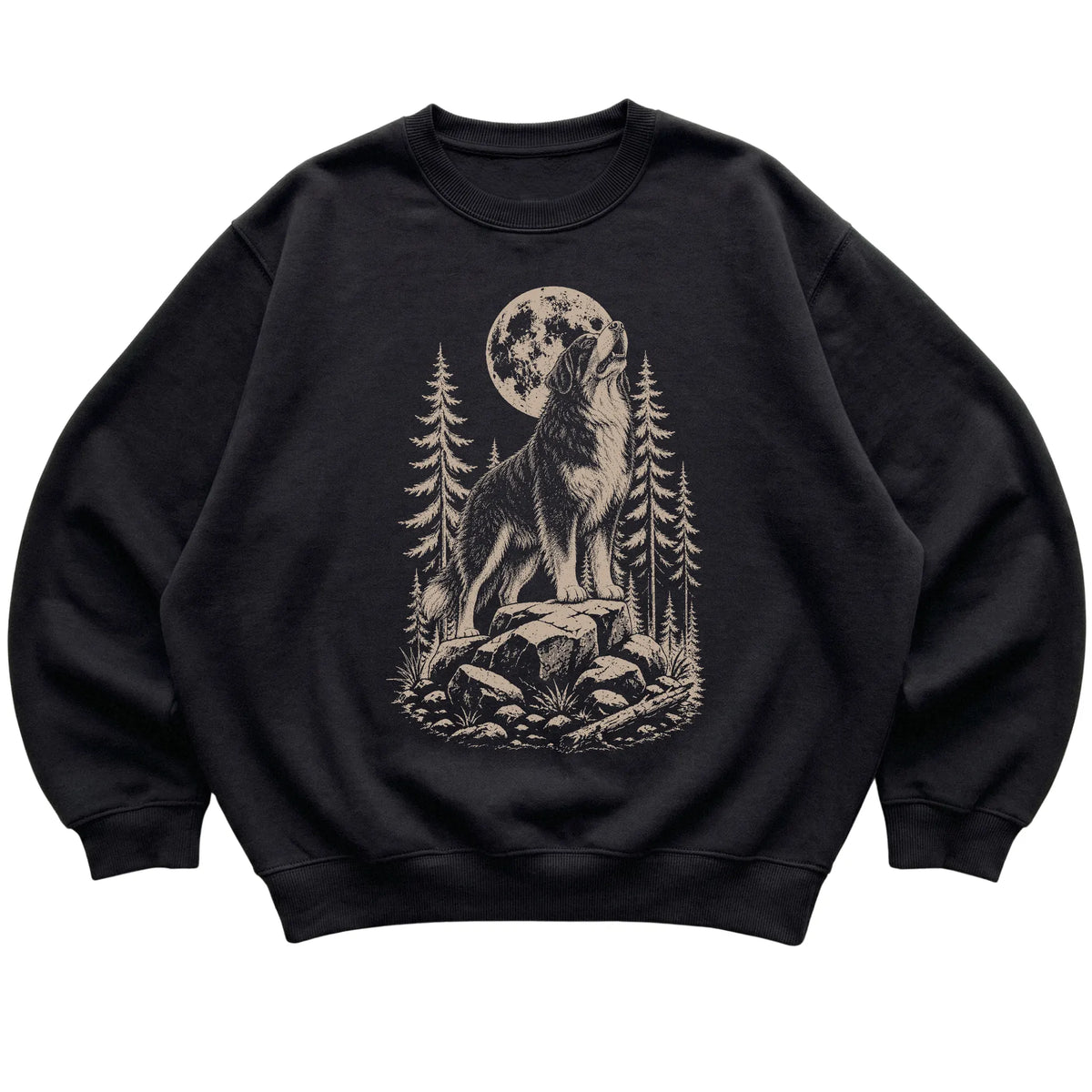 Close view of Bernese Mountain Dog Howling at the Moon artwork on Black crewneck sweatshirt