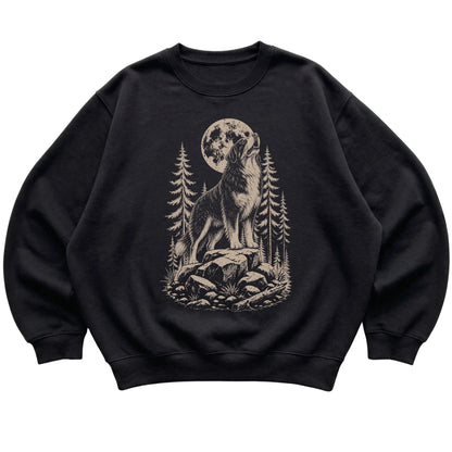 Close view of Bernese Mountain Dog Howling at the Moon artwork on Black crewneck sweatshirt