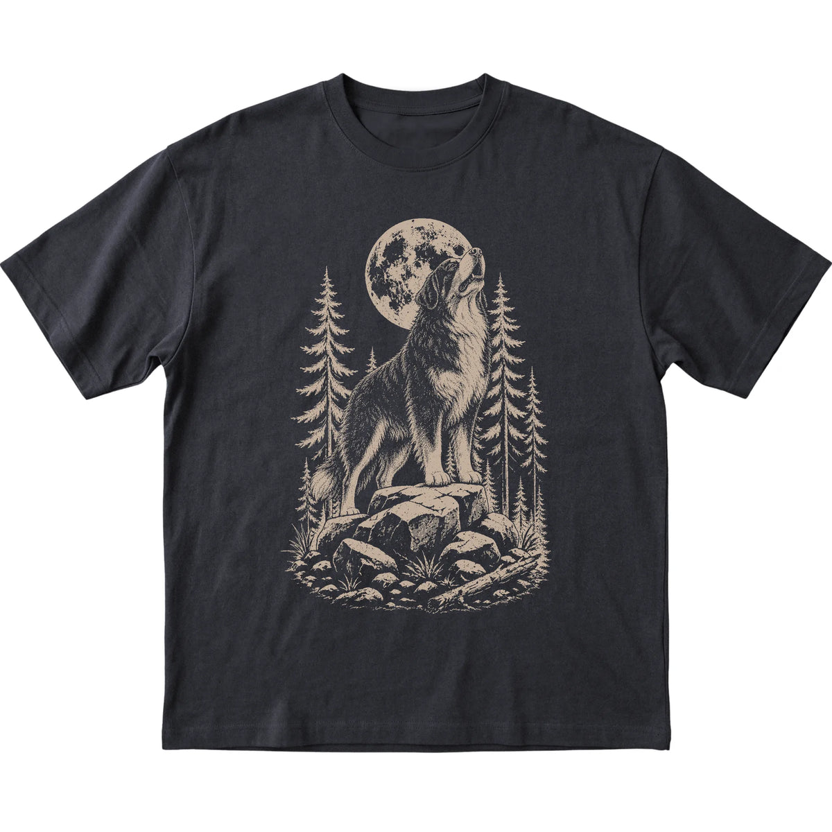 Close view of Bernese Mountain Dog Howling at the Moon artwork on Black softstyle T-shirt