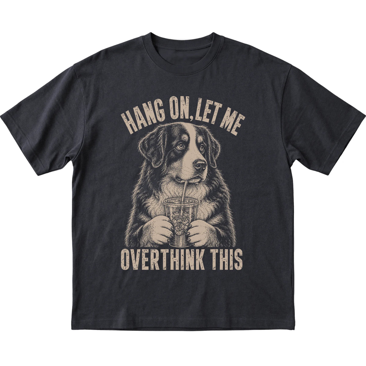 Black T-shirt featuring Overthinking Bernese Mountain Dog, laid-flat presentation