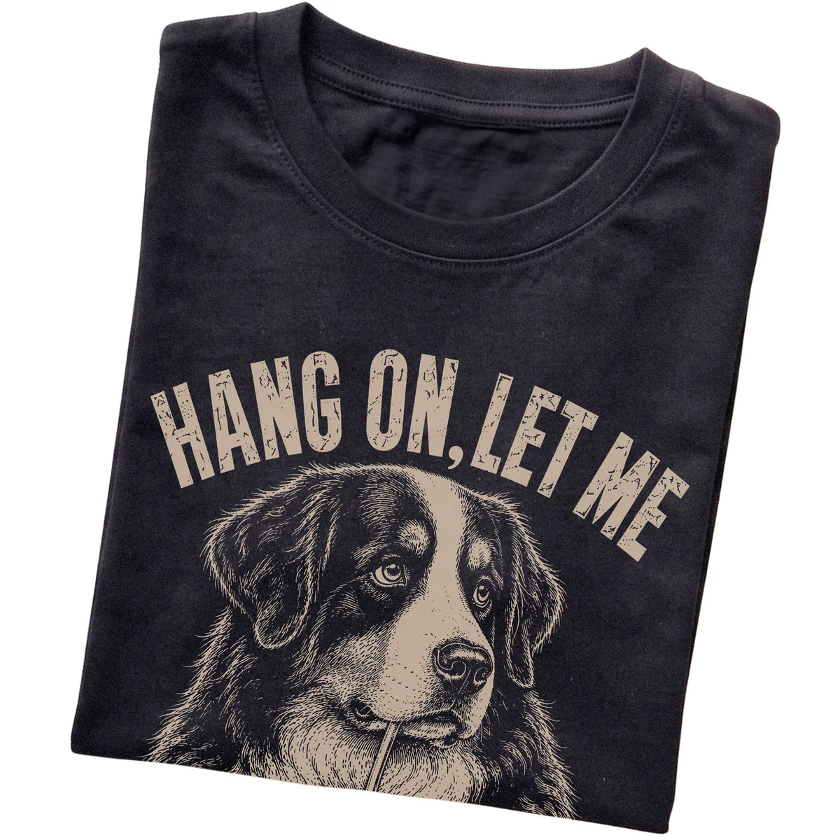 Black T-shirt featuring Overthinking Bernese Mountain Dog, folded presentation