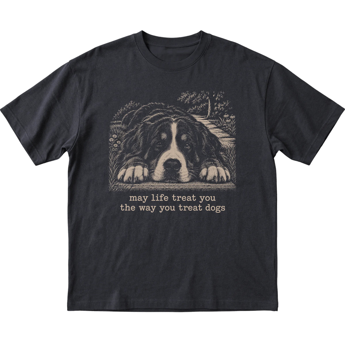 Bernese Mountain Dog Karma Softstyle T-shirt in Black — Flat Lay