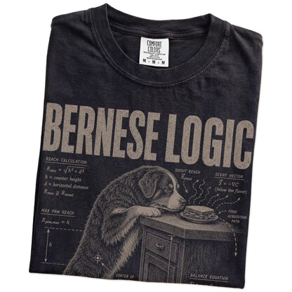 Folded Black Bernese Mountain Dog Logic t-shirt showing the graphic