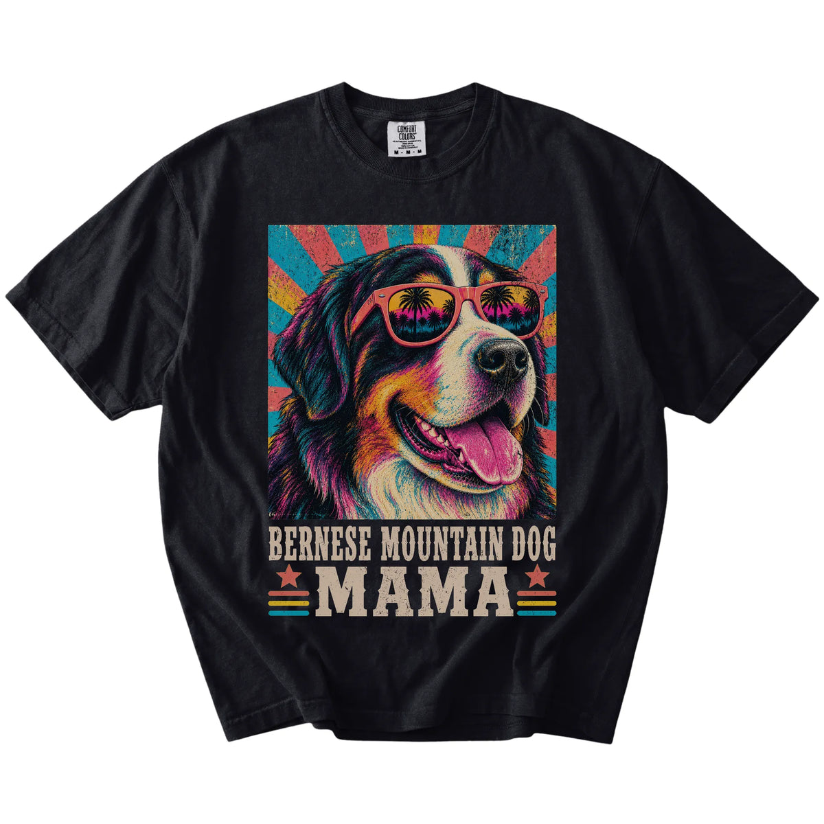 Retro Bernese Mountain Dog Mama design on a Black Comfort Colors T-shirt