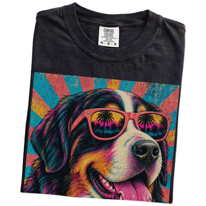 Retro Bernese Mountain Dog Mama design on a Black Comfort Colors T-shirt folded detail