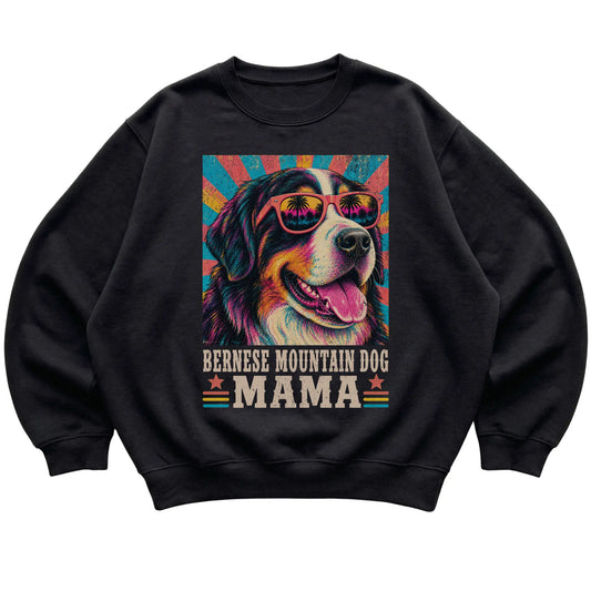 Retro Bernese Mountain Dog Mama design on a Black crewneck sweatshirt