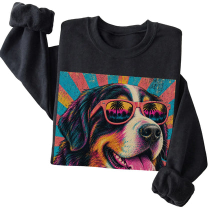 Folded Black crewneck sweatshirt with a Retro Bernese Mountain Dog Mama design