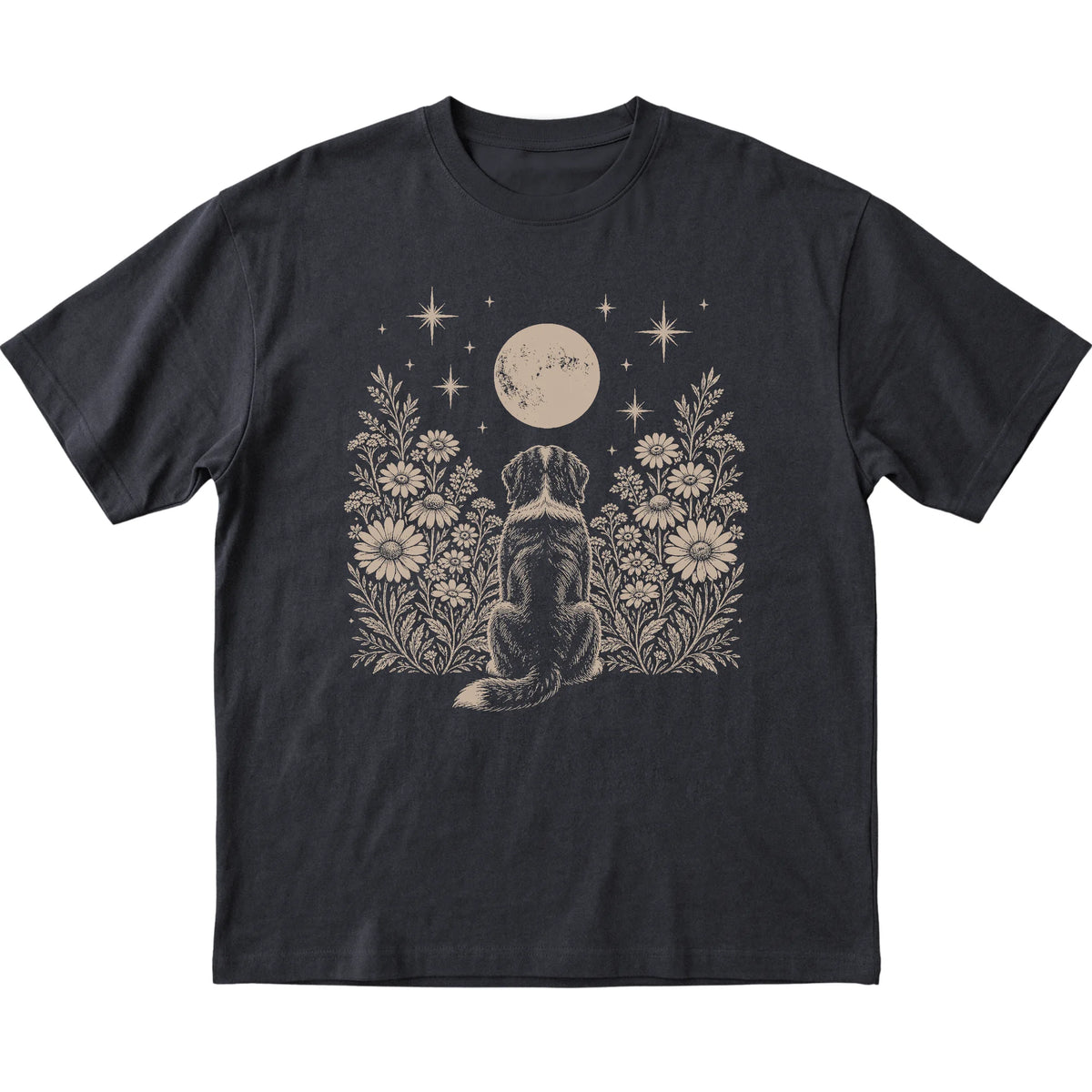 Black T-shirt featuring Wildflower Moon Bernese Mountain Dog, laid-flat presentation