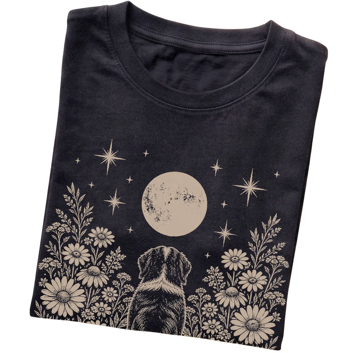 Black T-shirt featuring Wildflower Moon Bernese Mountain Dog, folded presentation