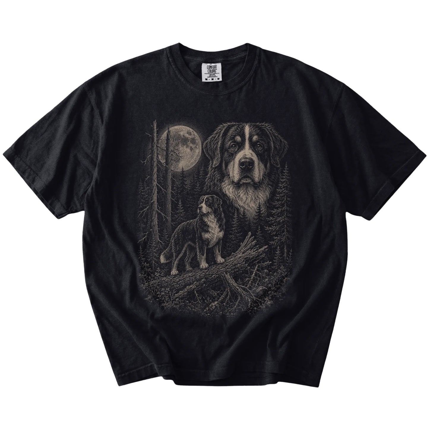 Black Bernese Mountain Dog Moonlit Forest T-Shirt laid flat