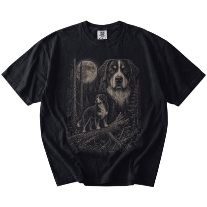 Black Bernese Mountain Dog Moonlit Forest T-Shirt laid flat