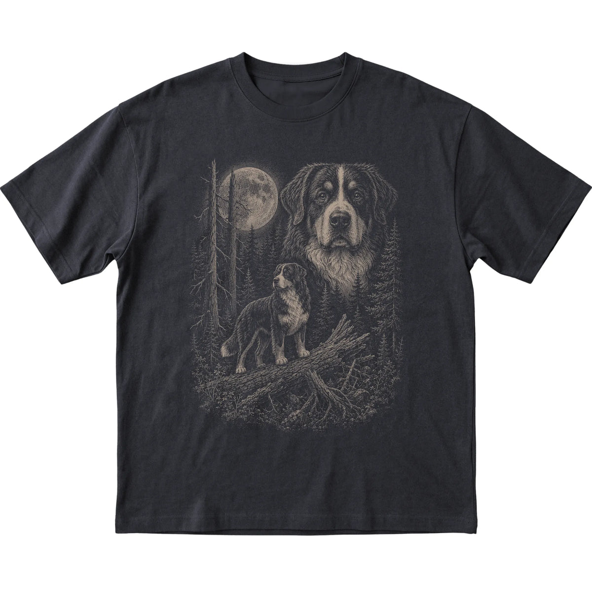 Bernese Mountain Dog Moonlit Forest graphic on a black Softstyle T-shirt laid flat