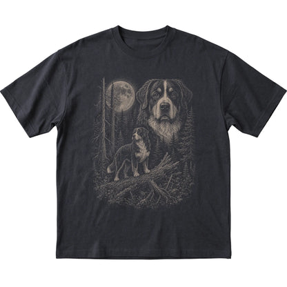 Bernese Mountain Dog Moonlit Forest graphic on a black Softstyle T-shirt laid flat