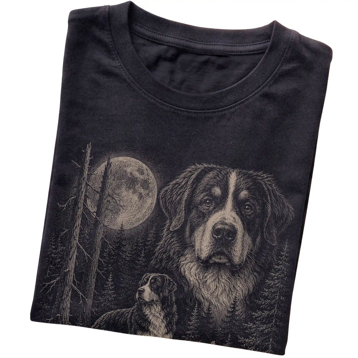 Folded black Softstyle T-shirt showing the Bernese Mountain Dog Moonlit Forest graphic