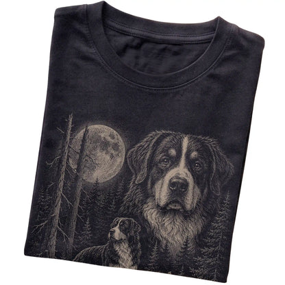 Folded black Softstyle T-shirt showing the Bernese Mountain Dog Moonlit Forest graphic