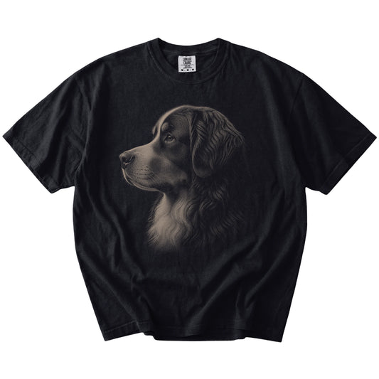 A detailed photographic portrait of a Bernese Mountain Dog on a Black Comfort Colors® T-shirt