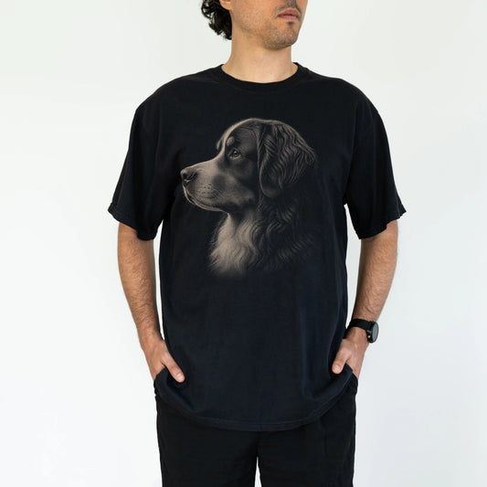 Model wearing a Black Comfort Colors® T-shirt with a detailed photographic portrait of a Bernese Mountain Dog