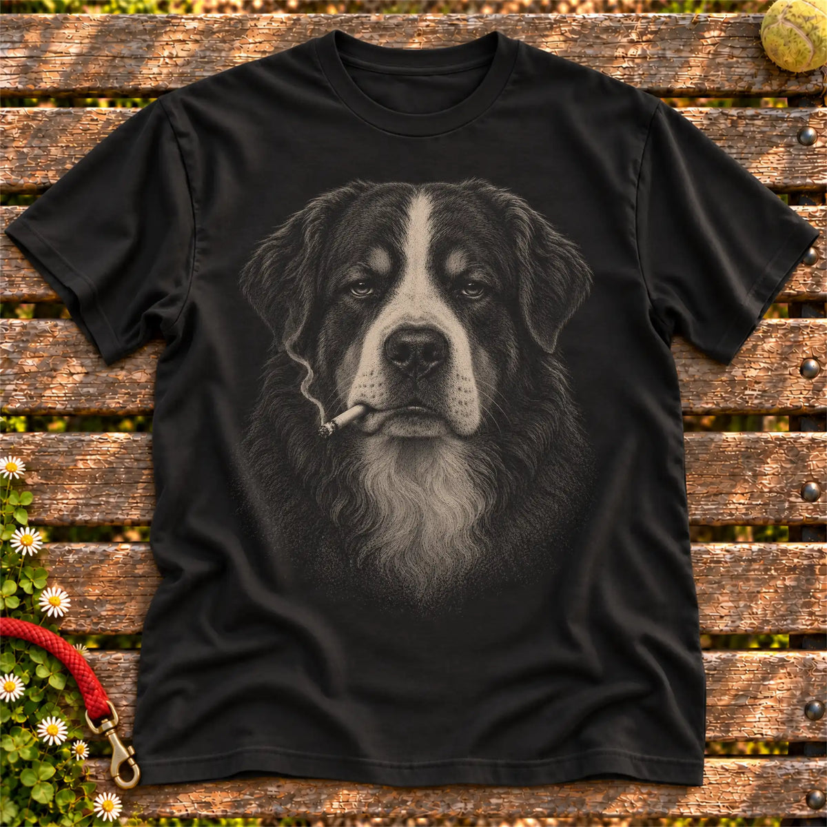 Bernese Mountain Dog smoking design on a Black t-shirt