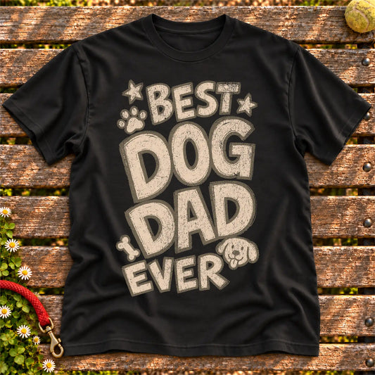 Best Dog Dad Ever on a Black T-shirt, shown flat