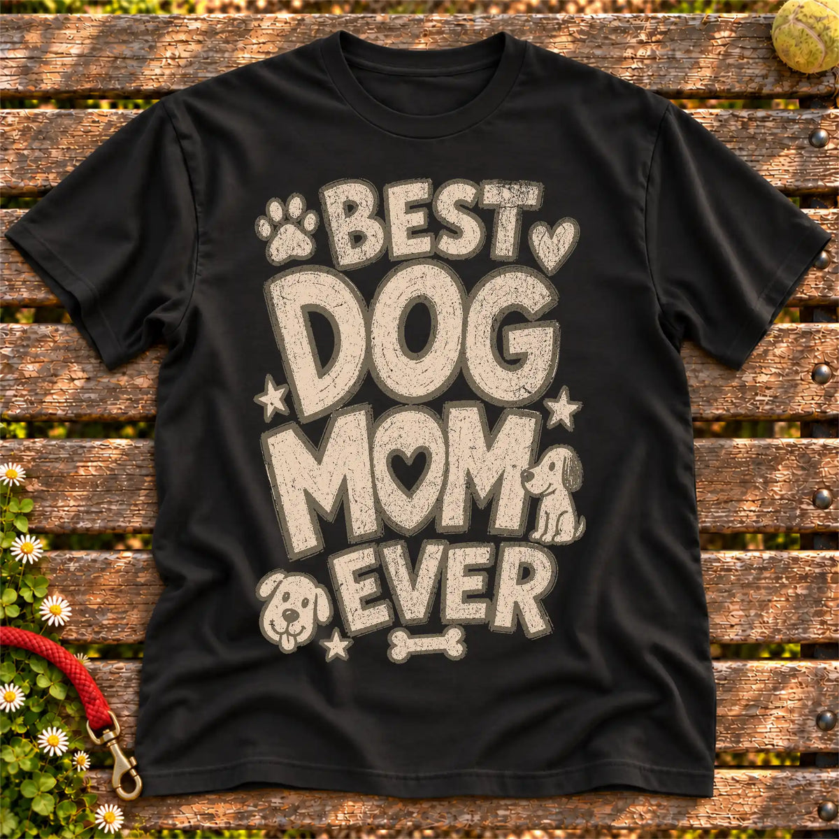Best Dog Mom Ever on a Black T-shirt, shown flat