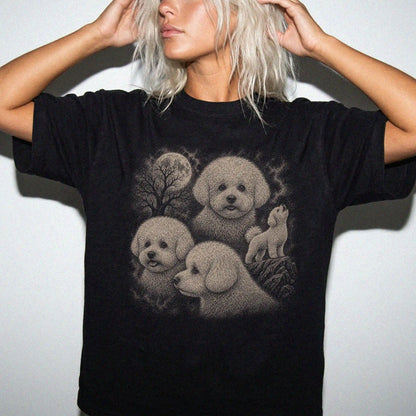 Model wearing a Black Comfort Colors® T-shirt with a vintage moon montage featuring Bichon Frise