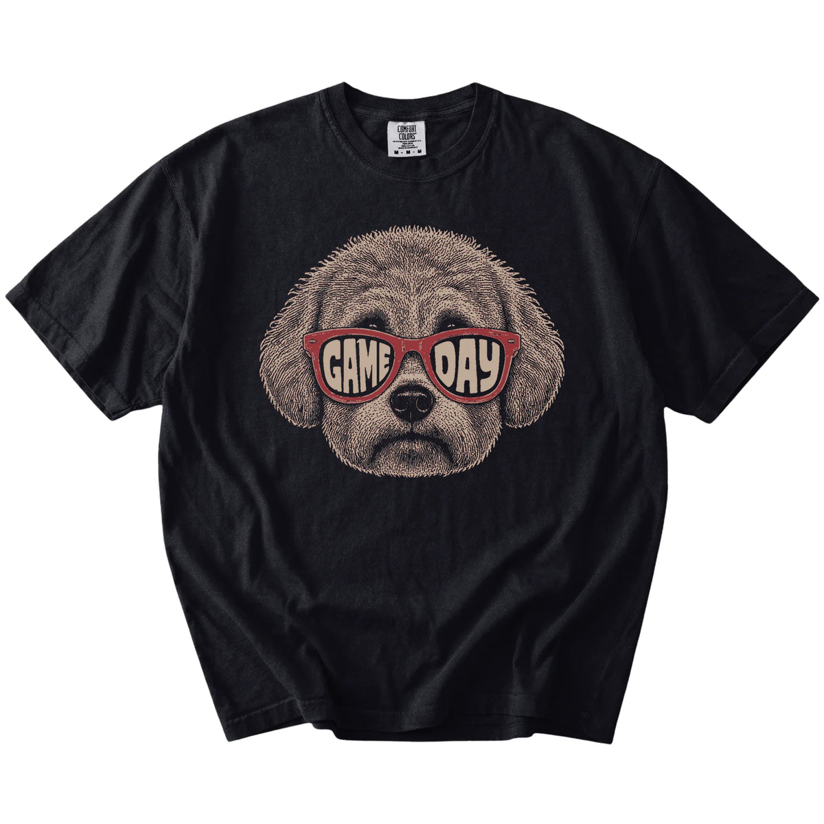 Bichon Frise wearing red Game Day sunglasses on a Black Comfort Colors® T-shirt