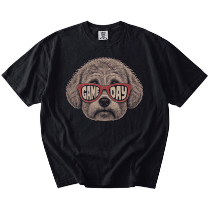 Bichon Frise wearing red Game Day sunglasses on a Black Comfort Colors® T-shirt