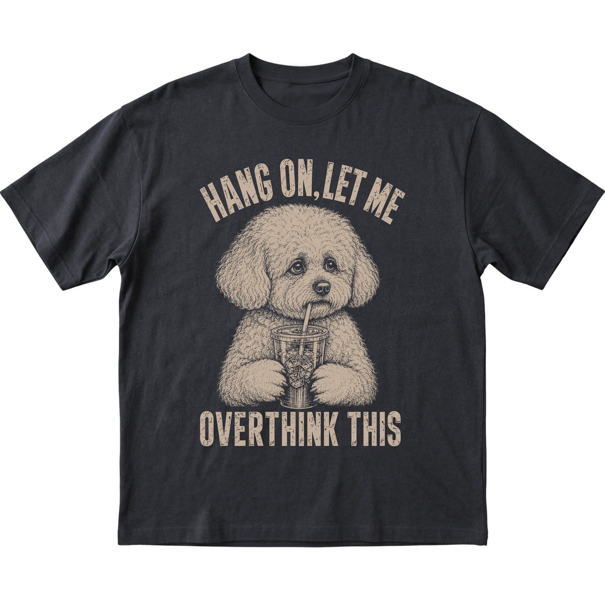 Black T-shirt featuring Overthinking Bichon Frise, laid-flat presentation