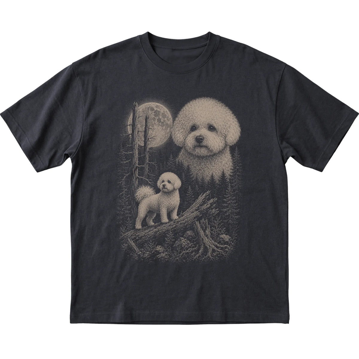 Bichon Frise Moonlit Forest graphic on a black Softstyle T-shirt laid flat