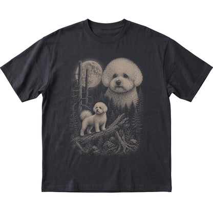Bichon Frise Moonlit Forest graphic on a black Softstyle T-shirt laid flat