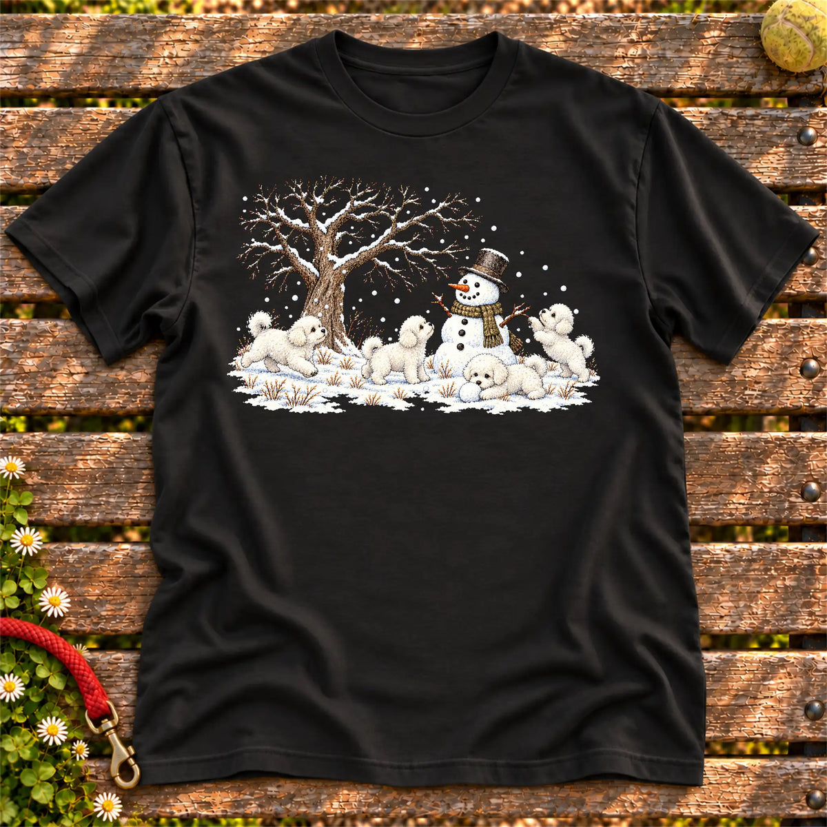 Bichon Frise puppies playing in snow with a snowman on a Black T-shirt