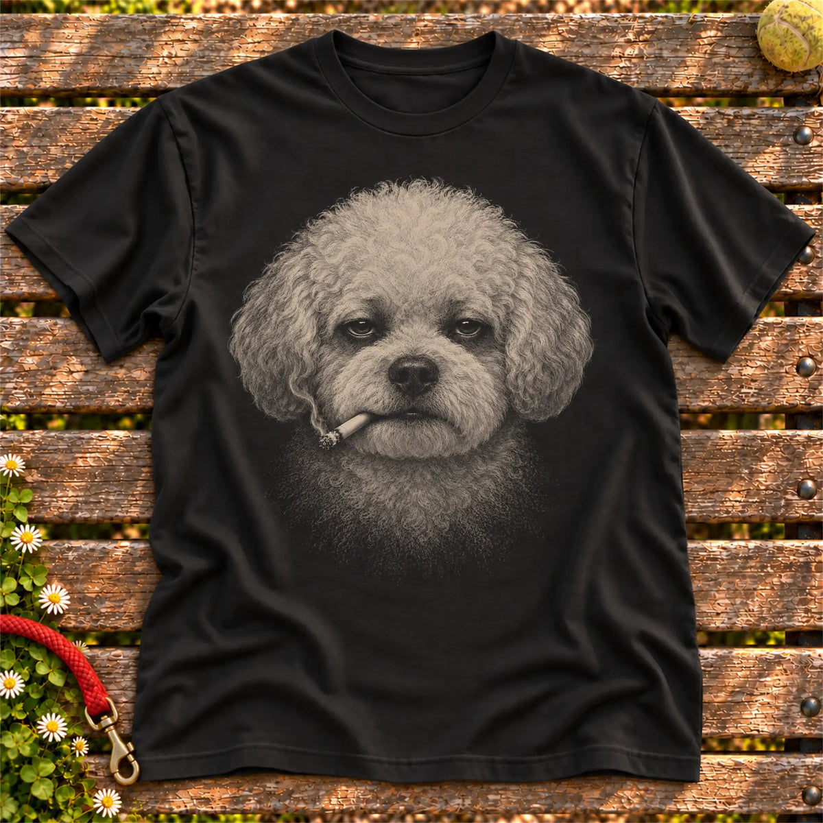 Bichon Frise smoking design on a Black t-shirt