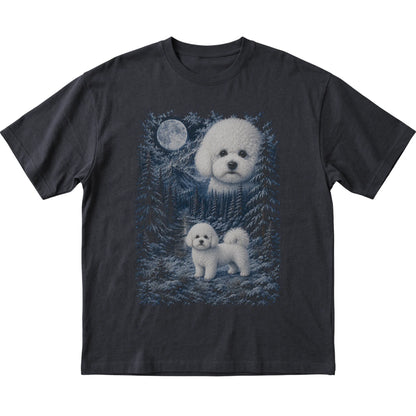 black T-shirt with Bichon Frise Winter Moon artwork.