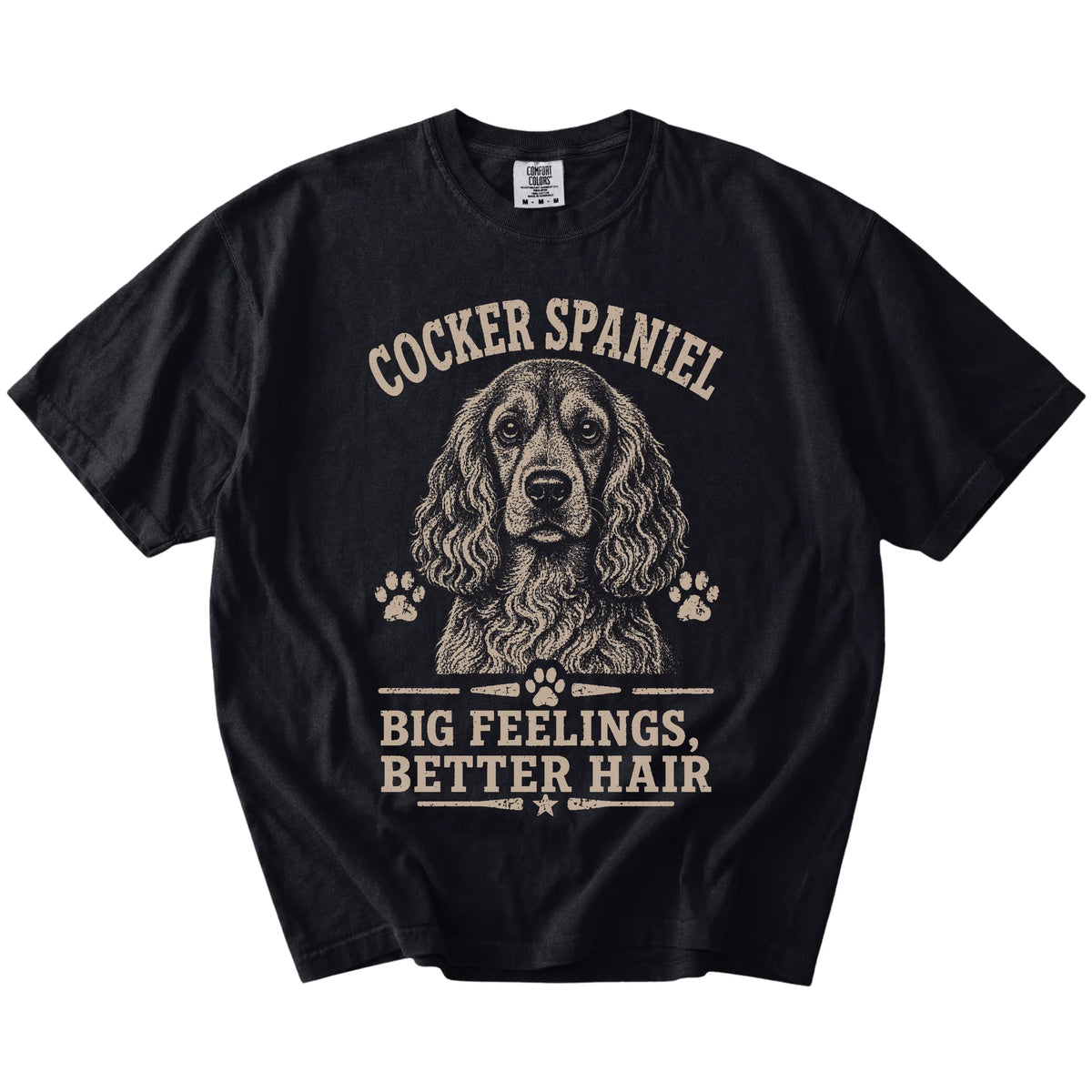 Cocker Spaniel design with “Big Feelings, Better Hair” lettering on a Black Comfort Colors® T-shirt