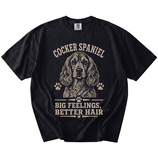 Cocker Spaniel design with “Big Feelings, Better Hair” lettering on a Black Comfort Colors® T-shirt