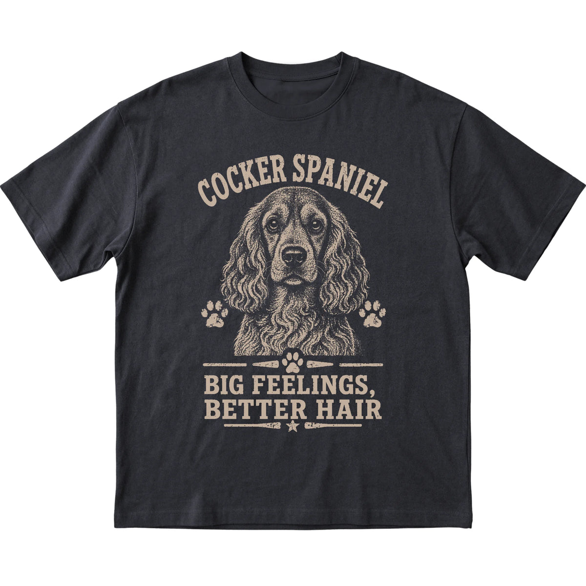 Black T-shirt featuring Big Feelings, Better Hair - Cocker Spaniel, laid-flat presentation
