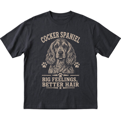 Black T-shirt featuring Big Feelings, Better Hair - Cocker Spaniel, laid-flat presentation