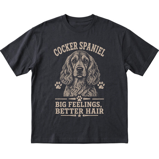 Black T-shirt featuring Big Feelings, Better Hair - Cocker Spaniel, laid-flat presentation