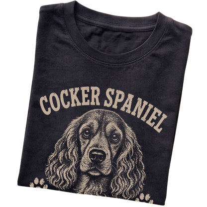 Black T-shirt featuring Big Feelings, Better Hair - Cocker Spaniel, folded presentation