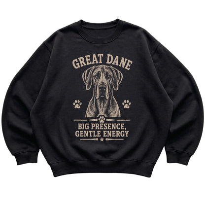 Black crewneck sweatshirt featuring Big Presence, Gentle Energy - Great Dane, laid-flat presentation