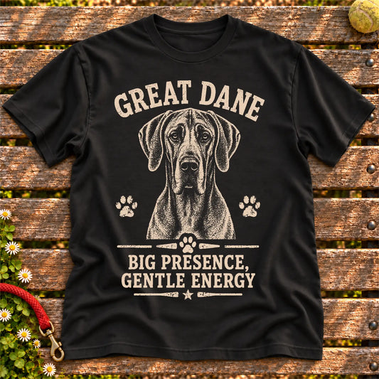 Black T-shirt featuring Big Presence, Gentle Energy - Great Dane, laid-flat presentation