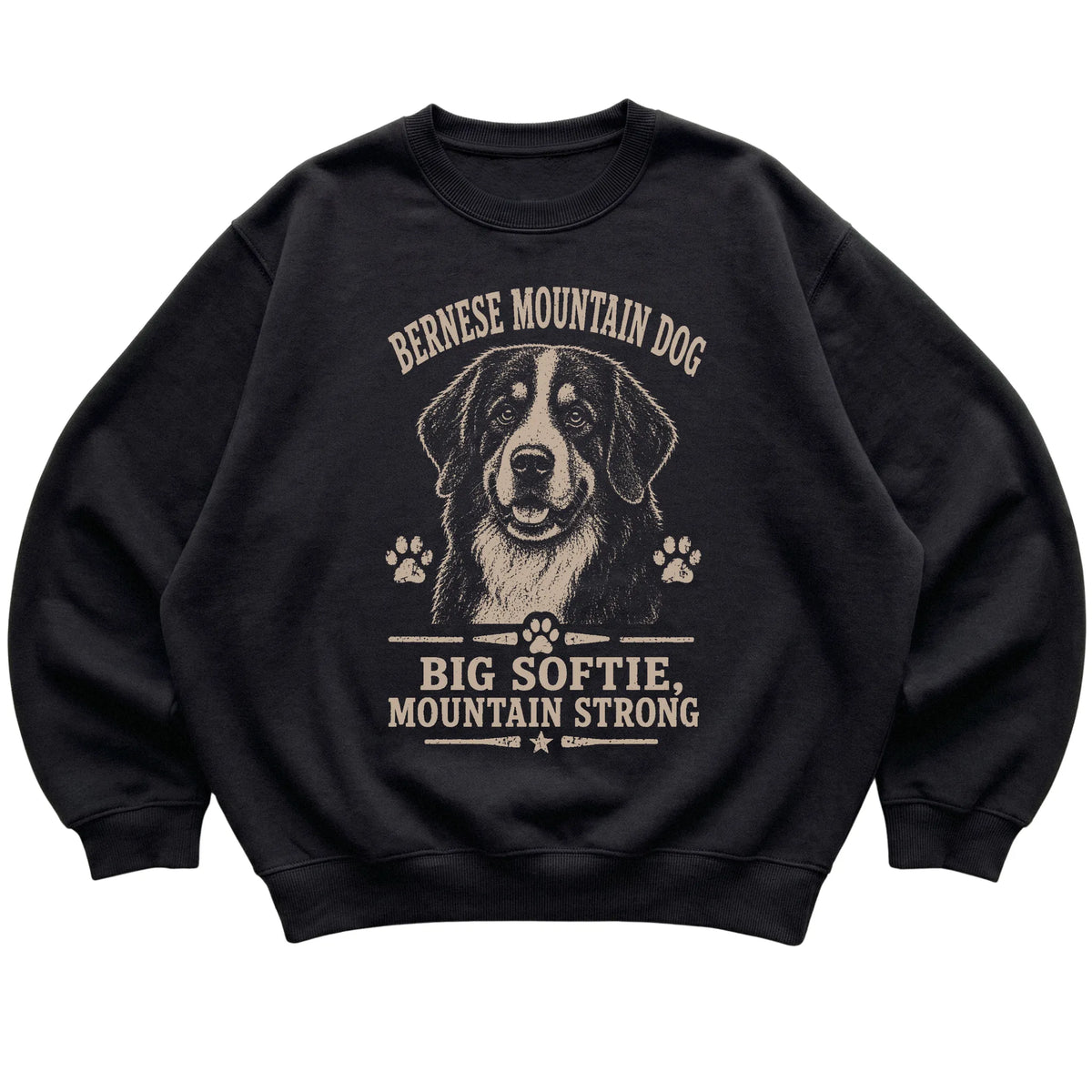 Black crewneck sweatshirt featuring Big Softie, Mountain Strong - Bernese Mountain Dog, laid-flat presentation