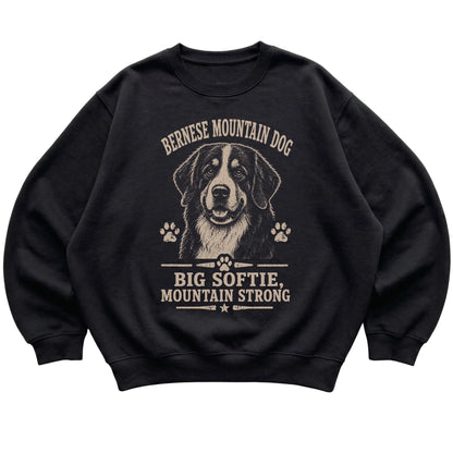 Black crewneck sweatshirt featuring Big Softie, Mountain Strong - Bernese Mountain Dog, laid-flat presentation